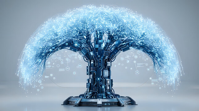 Digital technology tree with glowing blue data particles on metallic base technology innovation