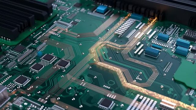 Glowing circuit board with detailed electronic traces