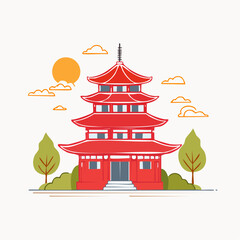 Fototapeta premium Red Pagoda Building with Sun and Clouds