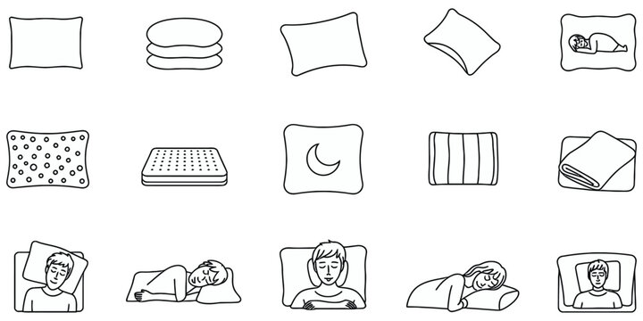 Sleeping Position Outline Icon Collection With Pillows, Bedding Comfort, Bedtime Posture and Relaxation Symbols for Wellness and Healthcare concepts.