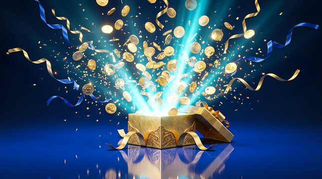 Golden gift box opening with exploding flying gold coins and blue ribbons celebrating financial