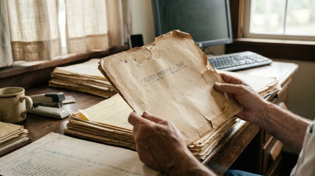 Hands holding an old vintage file folder labeled Project Phoenix 1947 while sitting at a cluttered wooden desk filled with stacks of aged documents and office supplies