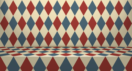Fototapeta premium 3d Geometric Room with Alternating Red Blue and Cream Diamond Shapes Seamless Symmetrical Abstract Background for Decorative Optical Illusion and Packaging Design