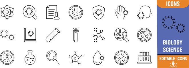 Fototapeta premium Biology science virus research icons. virus icon set, test tube icon set, petri dish icon set