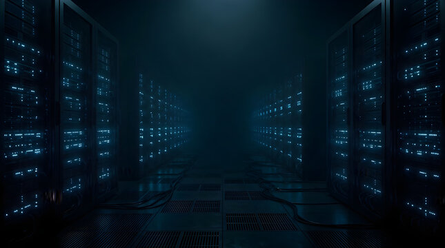Dark Futuristic Data Center Corridor &ndash; Technology, Server, Network, Cloud, Storage, Digital, Infrastructure, Blue, Glow