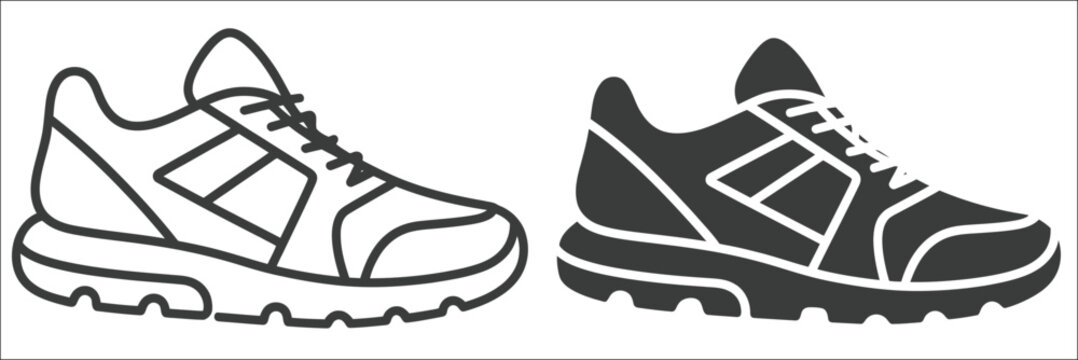 Sneaker shoe, vector icon set featuring outline and solid style athletic footwear illustrations isolated on transparent background, modern sports shoe symbols, casual fashion concepts, running and str