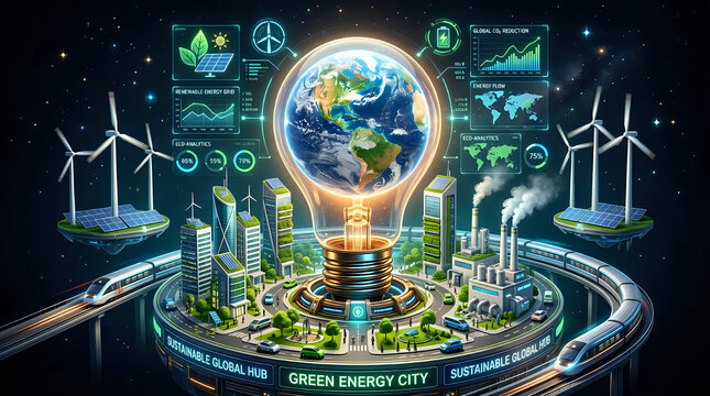 Futuristic sustainable green energy city with renewable technology and globe sustainable resource