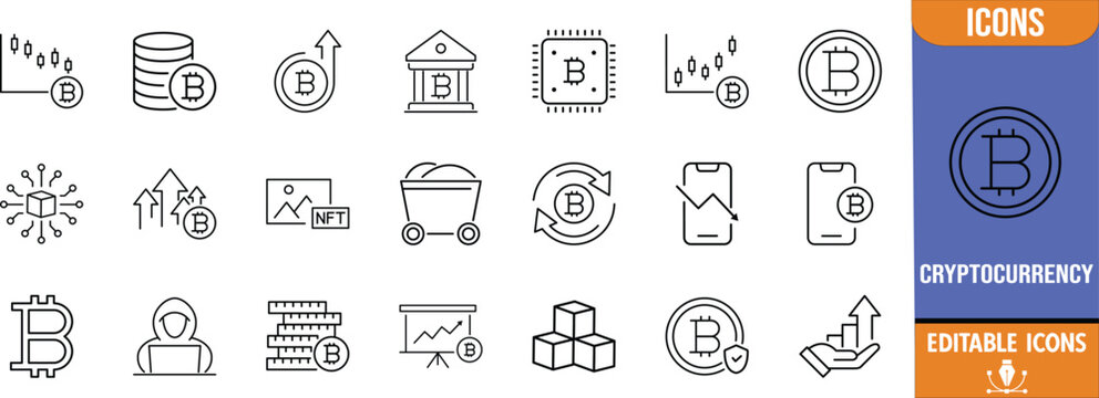 Bitcoin and cryptocurrency line icons. bitcoin icon set, chart icon set, nft icon set