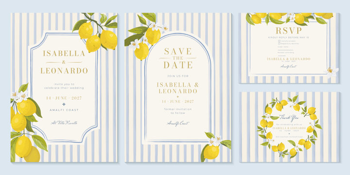 Luxury Amalfi Coast wedding stationery set with lemon illustrations, blue stripes and elegant typography. Invitation, Save the Date, RSVP and Thank You cards in Mediterranean style.
