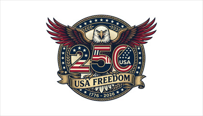 250 years usa freedom emblem with bald eagle and patriotic american flag design © creative_rakhi