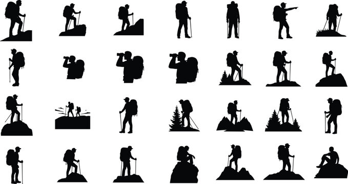 Hiking and Trekking Silhouette Collection with Backpackers Exploring Mountain Trails