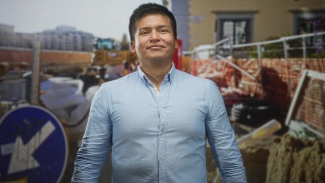 Man in light blue collared shirt gesturing with hands, palms visible and slightly smiling while standing before orange mesh fencing, traffic sign, dirt and equipment on a street; contentment.