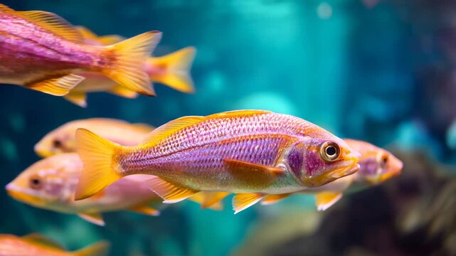 Colorful fish swim together in busy aquarium water during daytime hours Generative AI