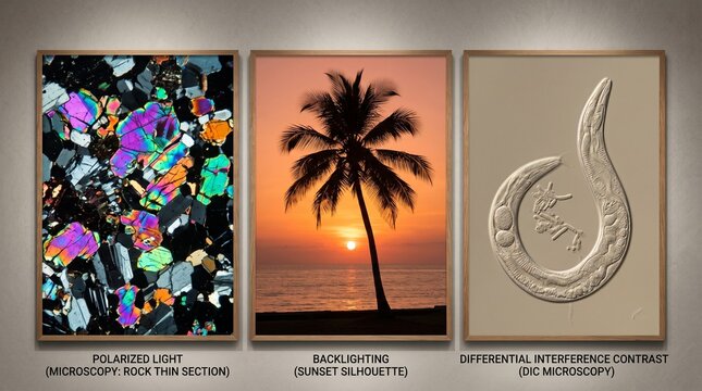 Interior wall mockup featuring three vertical wooden frames displaying scientific polarized light microscopy, sunset backlighting, and DIC microscopy artwork