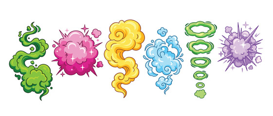 Cartoon colorful smoke clouds vector set. Explosion effects, bad smell, steam puff, gas ring, dust trail and magical spark. © Creative Studio 