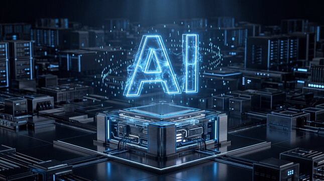 Futuristic artificial intelligence concept featuring glowing AI typography above an advanced quantum computing processor inside a high-tech datacenter environment with digital data visualization.