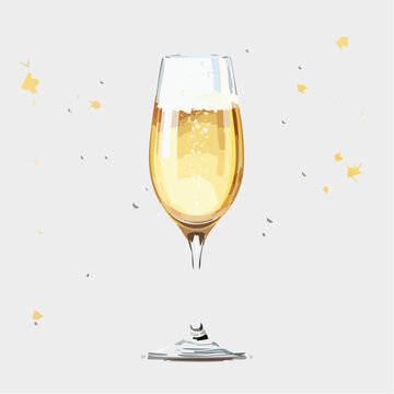 A champagne flute filled with bubbly drink amidst festive confetti celebration