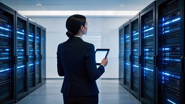 Woman in server room with tablet