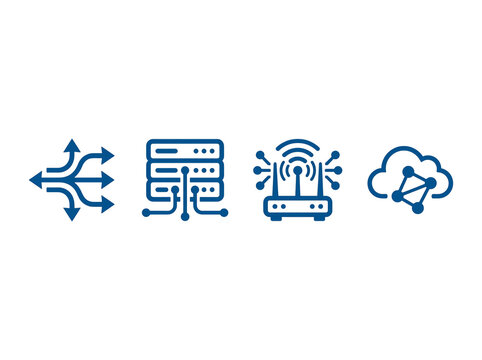 Four distinct blue flat network icons representing routing server infrastructure wireless connectivity and cloud computing data storage systems displayed as a professional set of digital web graphics 