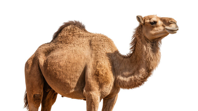Dromedary camel with one hump tan fur, standing profile view