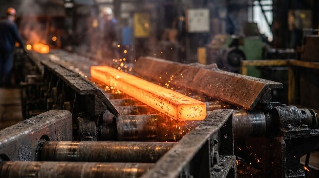 Glowing hot steel billet on roller conveyor moving through a heavy industrial manufacturing plant with sparks flying during the metal casting and rolling process in a foundry