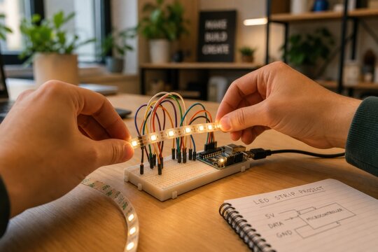 Hands holding a glowing LED light strip connected to a breadboard and microcontroller during an electronics project on a wooden desk with a circuit diagram notebook