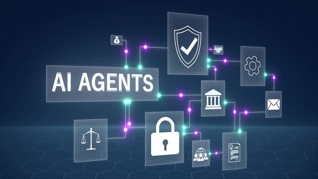 AI AGENTS and secure technology governance. businessman using digital tablet with ai ethics interface and cybersecurity representing ethical artificial intelligence, 4k animated motion video. .