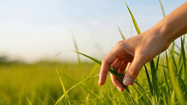 Hand touching green grass in field
