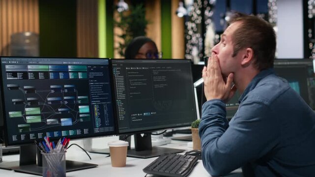 Stressed admin relieved after managing to automate app development using AI scripts. Worried IT expert pleased after leveraging AI.