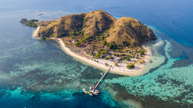 Panoramic Aerial View of Kanawa Island and Coral Reefs in Komodo, Indonesia