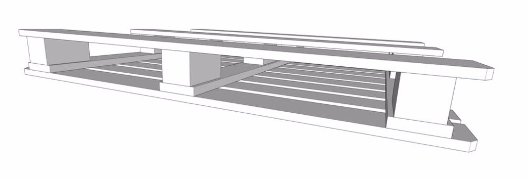 3D lineart rotation of EPAL CP1 pallet design with bottom view. Engineering blueprint animation showing detailed 1200x1000mm chemical shipping structural layout and overhead view for global logistics.