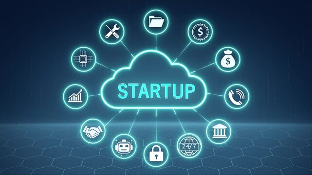 Neon cloud Startup network animation. Digital data connection interface. Futuristic technology communication system. Ai and cloud computing concept. Secure information and 4k animated motion video.