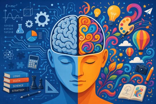 Human brain left and right hemisphere concept showing the balance between logical analytical thinking and creative artistic expression with various symbolic icons and colorful illustrations
