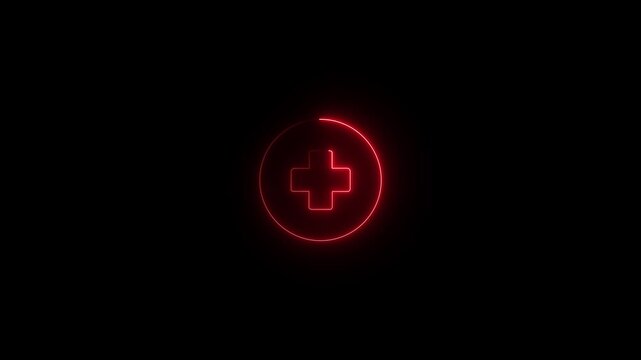 Glowing neon line Parachute with first aid kit icon isolated on black background. Medical insurance. 4K Video motion.