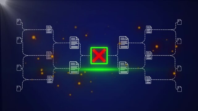 Neon glowing blockchain network with digital cross mark icon showing data rejection, error validation, cyber security alert, failed verification system, and futuristic technology . 4k animated.
