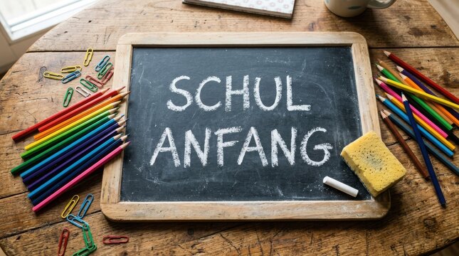 Schulanfang written in white chalk on a small blackboard with colored pencils