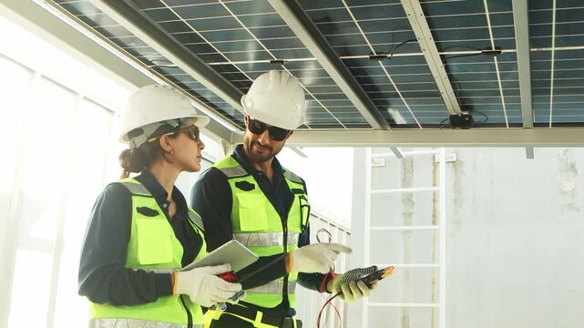 Engineers with safety vest and helmet work with electrical instrument on photovoltaic solar panels together. Male technician uses multimeters to check solar power, woman worker enter data into tablet