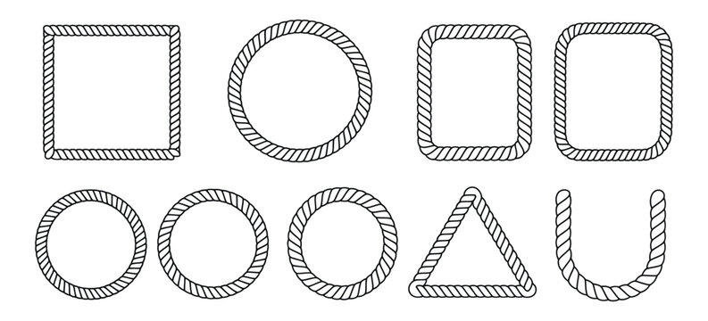 Seamless rope brush strokes and rope border frame collection with various shapes, vector illustration for maritime themes, decorative borders