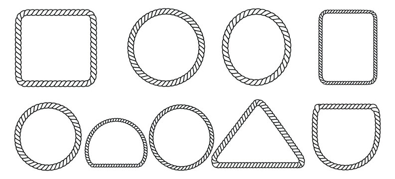 Rope border frames texture set featuring seamless rope brush strokes and rope frames in various shapes, easy to modify vector illustration