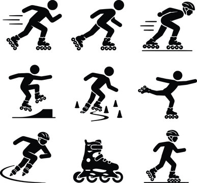 Roller Skating and Inline Skating Icons Set, Recreational Sports Collection