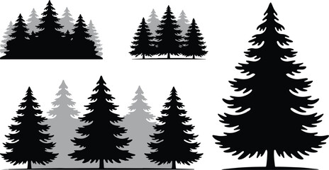 Obraz premium Evergreen Tree Clusters and Standalone Pine, Minimalist Nature Clip Art Stamps, Pine Forest Tree Silhouette Set, Conifer Wilderness Vector Icons, vector, illustration, silhouette.
