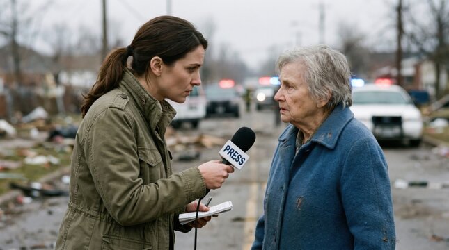Female journalist interviewing an elderly woman survivor after a devastating storm or natural disaster while holding a press microphone and taking notes on a notepad in a disaster zone