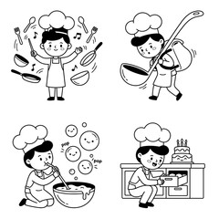 Fototapeta premium Set of 4 Cute Little Boy Chef Illustrations Vector Line Art for Coloring Book