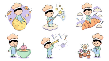 Fototapeta premium Set of Cute Cartoon Chef Boy Illustrations with Food and Space Themes, Kawaii Baker Character Clipart