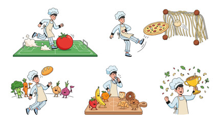 Fototapeta premium Funny Cartoon Chef Playing Football with Food Items Collection, Soccer Theme Cooking Illustration Set Isolated on White