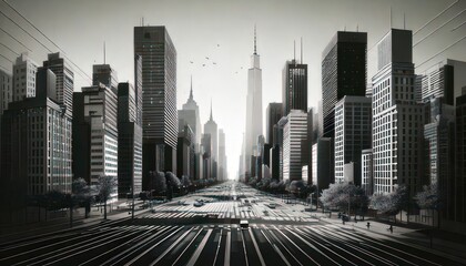 Fototapeta premium Panoramic View of a Futuristic Cityscape with Tall Skyscrapers and a Central Avenue.