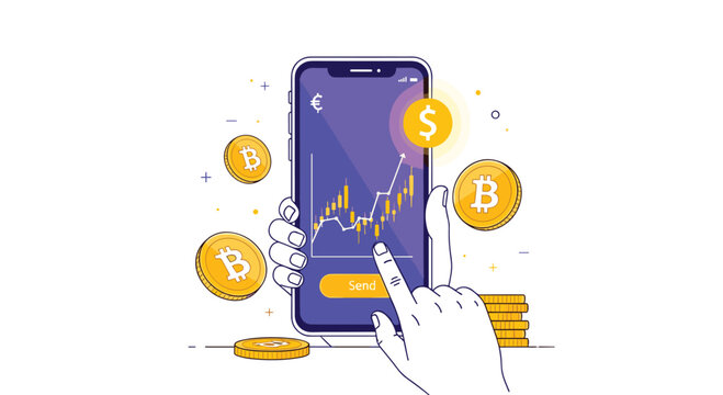 Smartphone held by hand displaying financial candlestick chart with floating Bitcoin coins for cryptocurrency trading analysis.