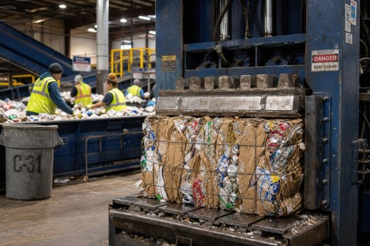 Industrial baler machine compressing aluminum cans and cardboard into a large bale at a waste management facility while workers sort materials on a conveyor belt