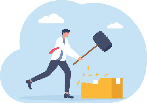 Businessman breaking a heavy container with a hammer to find hidden solutions