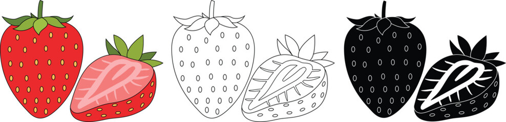 Trendy strawberry vector set featuring whole and sliced fruit in color, outline and silhouette styles. Fresh berry clipart collection perfect for packaging, menus, labels and healthy food designs. © Sajjit